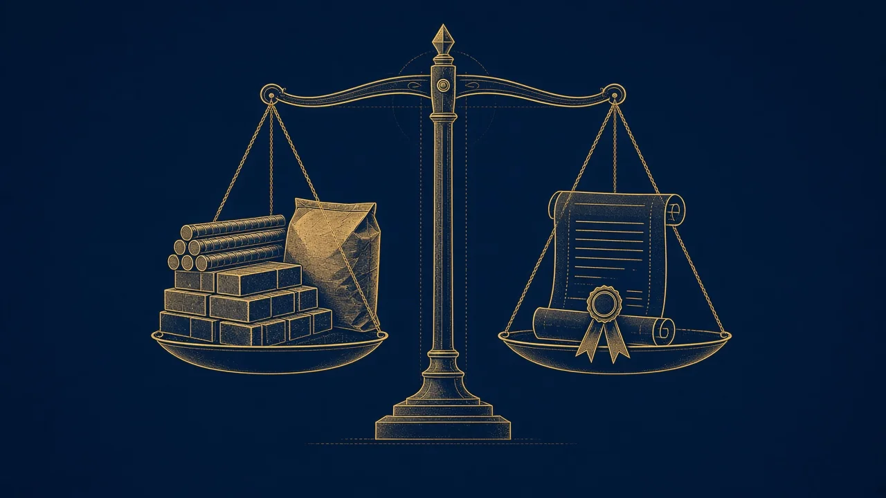 Ilustración de una balanza dorada que equilibra materiales de construcción y un documento de contrato