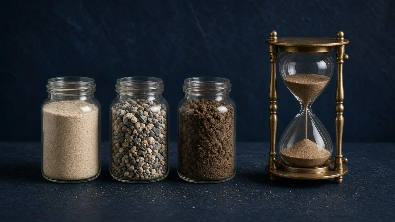Ilustración de frascos con muestras de suelo junto a un reloj de arena sobre una mesa de laboratorio