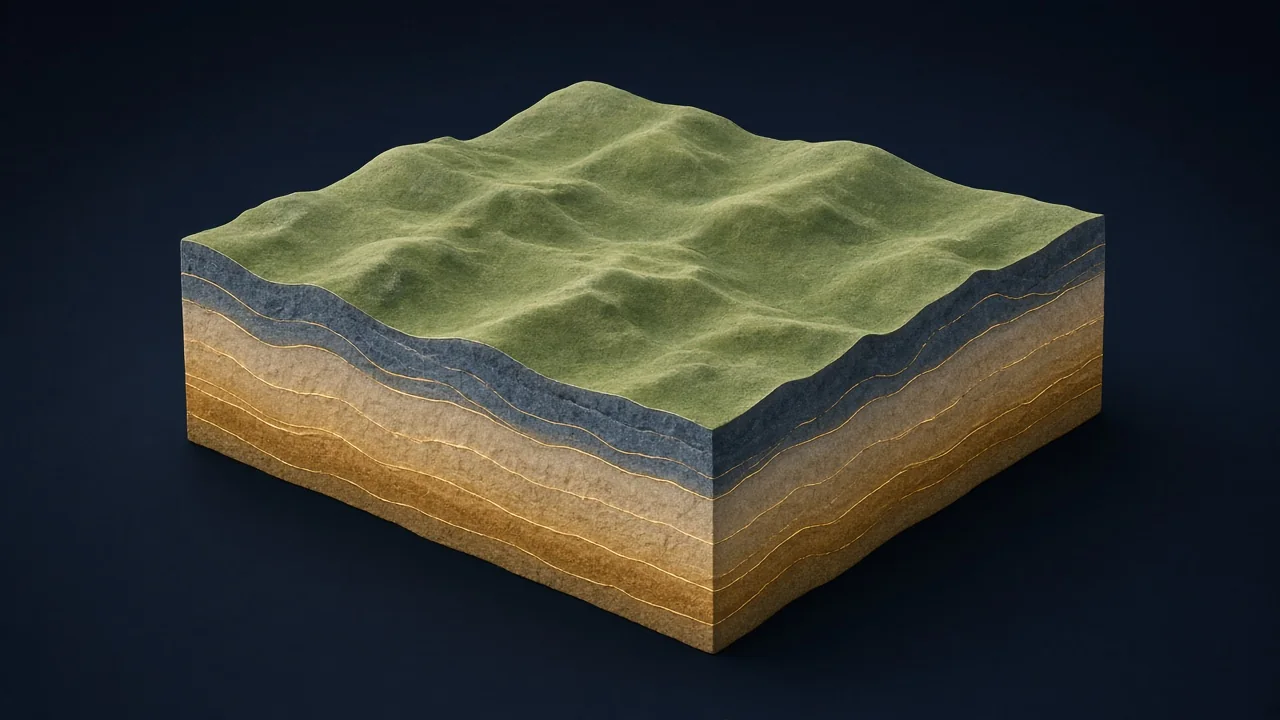 Ilustración de un bloque de terreno con superficie verde ondulada y caras laterales que muestran estratos azules, arena y ocre