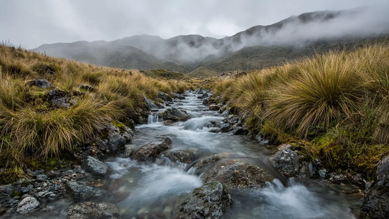 Ilustración de un arroyo de páramo andino que corre entre pajonales y rocas bajo un cielo nublado