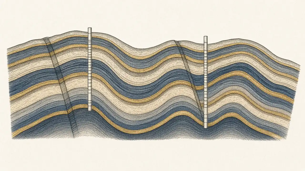 Ilustración de una sección geológica en estilo de grabado técnico con capas de suelo y dos columnas de perforación esquemáticas
