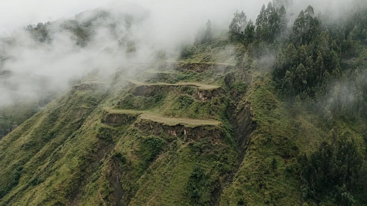 Ilustración de una ladera andina con terrazas de cultivo, neblina y vegetación en la Sierra ecuatoriana