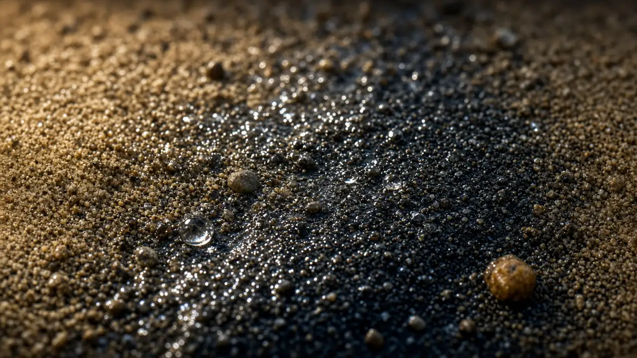 Ilustración macro de agua que se infiltra entre granos de arena y grava fina, con gotas brillantes y zonas húmedas oscuras