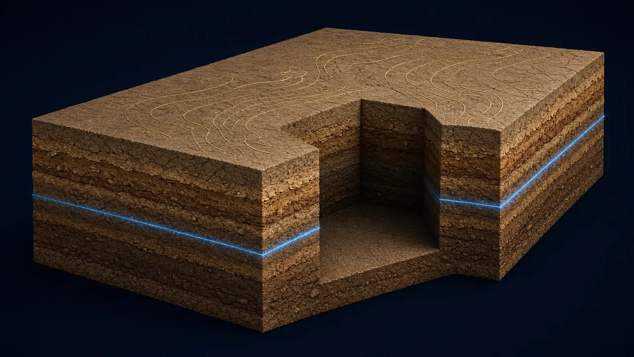 Ilustración de un bloque de suelo estratificado con el vacío de un sótano excavado y una línea de nivel freático