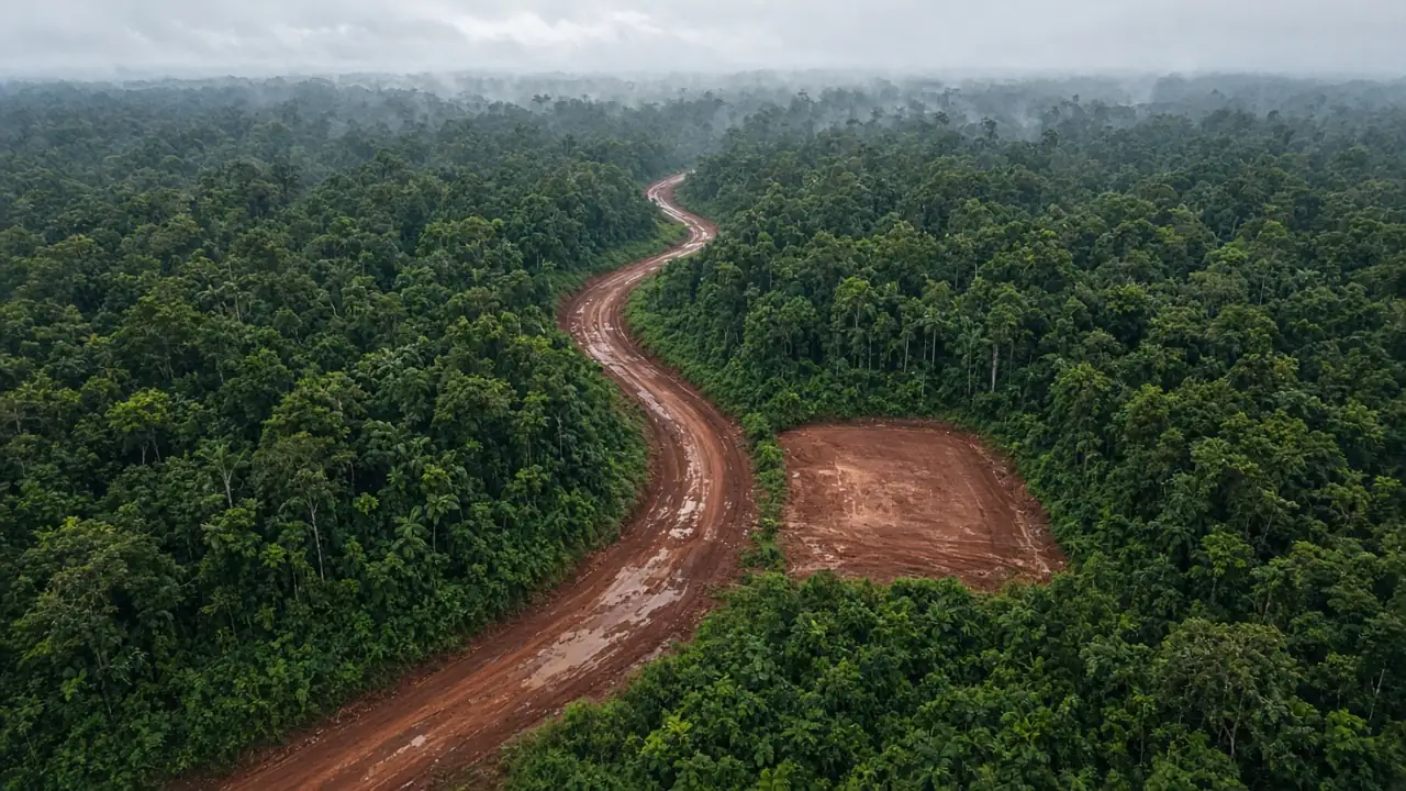 Ilustración de una vía de tierra rojiza que atraviesa la selva amazónica hacia una plataforma despejada