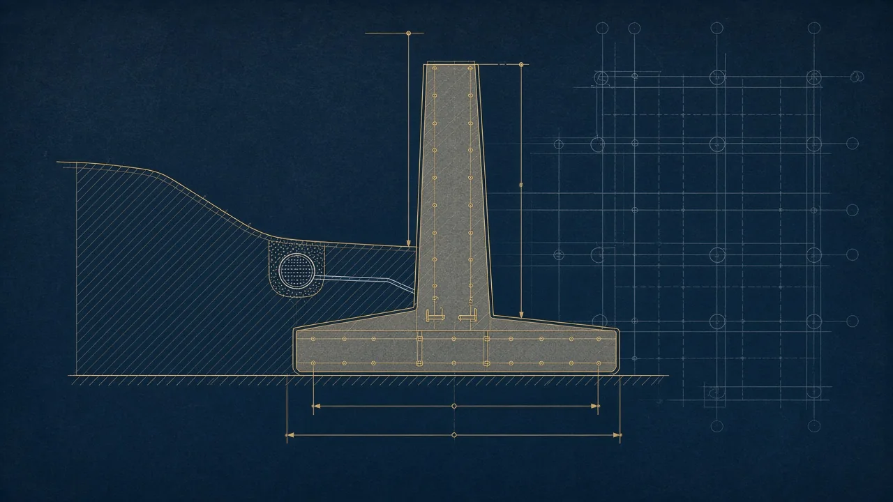 Ilustración generada con IA de un plano técnico con la sección de un muro de contención en voladizo