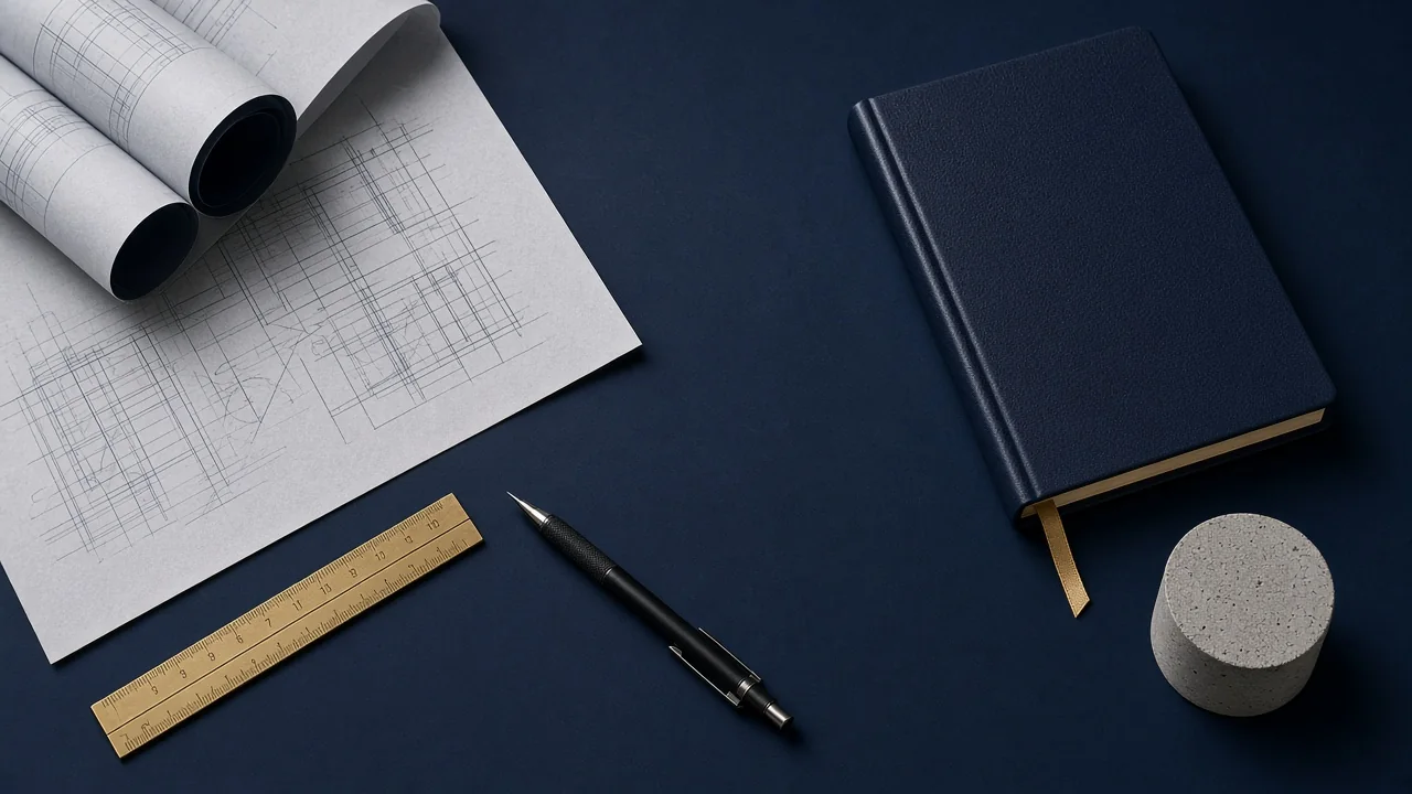 Ilustración generada con IA de planos, libro de obra, regla y probeta de hormigón sobre una mesa
